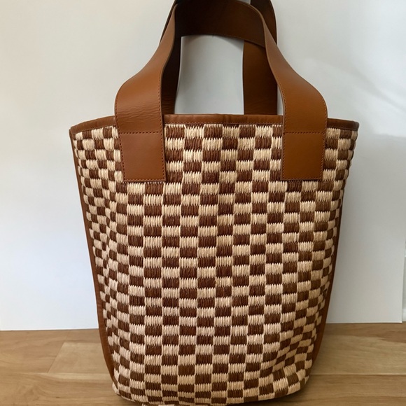 By Anthropologie Raffia Checkered Angular Tote Bag NWT - Picture 2 of 12
